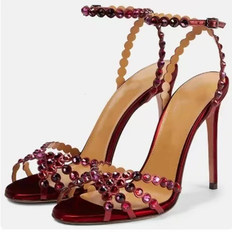 Full Colorful Rhinestones PVC Strap Women Sandals Peep Toe Buckle Belt Sandales Talons Stiletto High Heel Banquet Pumps Female 250905