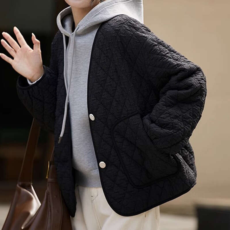 Diamond Grid Layered Casual Versatile Jacket Autumn Winter New Women's Short Long Sleeve Top B5