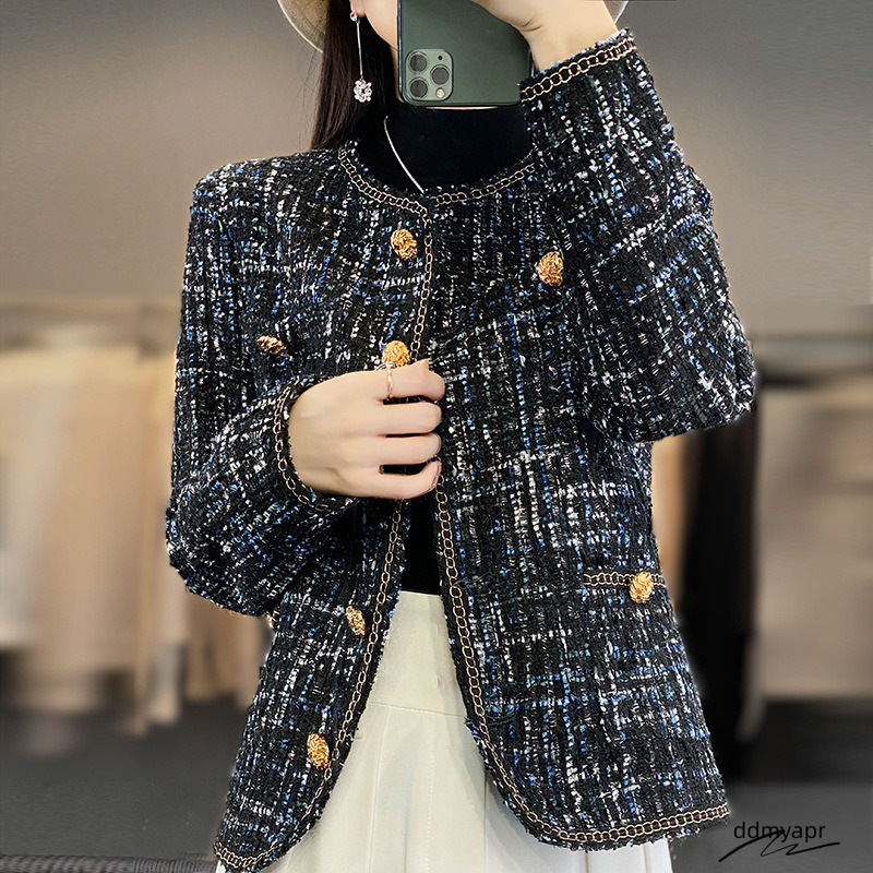 Graceful French Style Elegant Design Small Fragrance Round Neck Coat Tweed Pink Plaid Petite Short Ddmydec Top 250721 Ddmydec Ddmydec Ddmydec Ddmydec