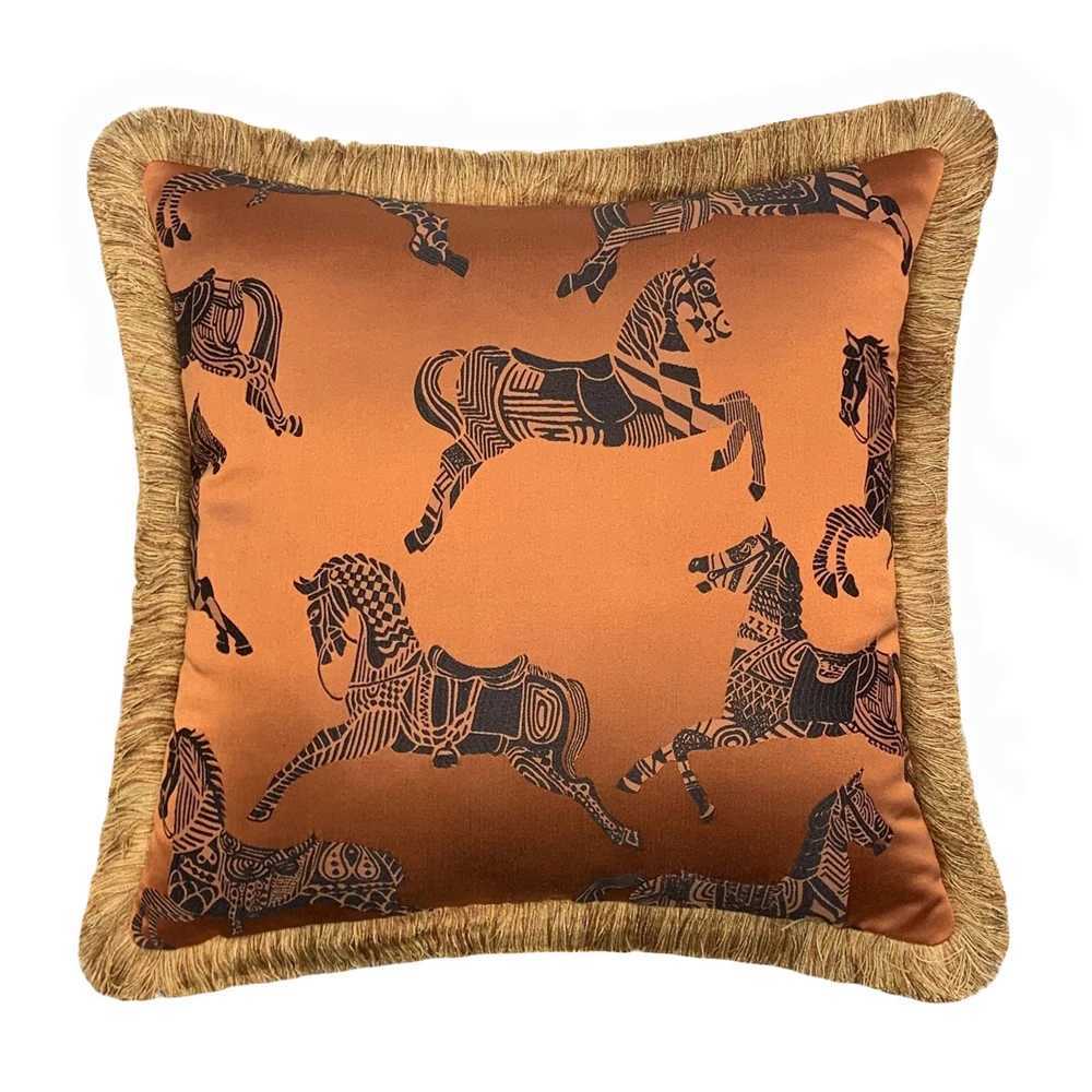 Luxury Fashion Soft Case Orange Horses Woven Interior Designer Quty Fringe Cushion Cover Sofa Window Furnishings 45x45cm Y250905