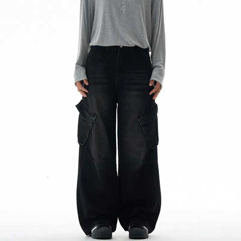 IEFB American Style Mens Jeans Washed Lager Double Pocket Contrast Color Streetwear Loose Wide Leg Male Cargo Denim Pants 9X427 W250905