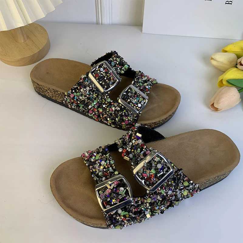 Fashion Imitation WoodGrain Sandals Women Diamond Sequins Double Buckle Womens Flat Slippers Fall and Winter New Shoes W250905