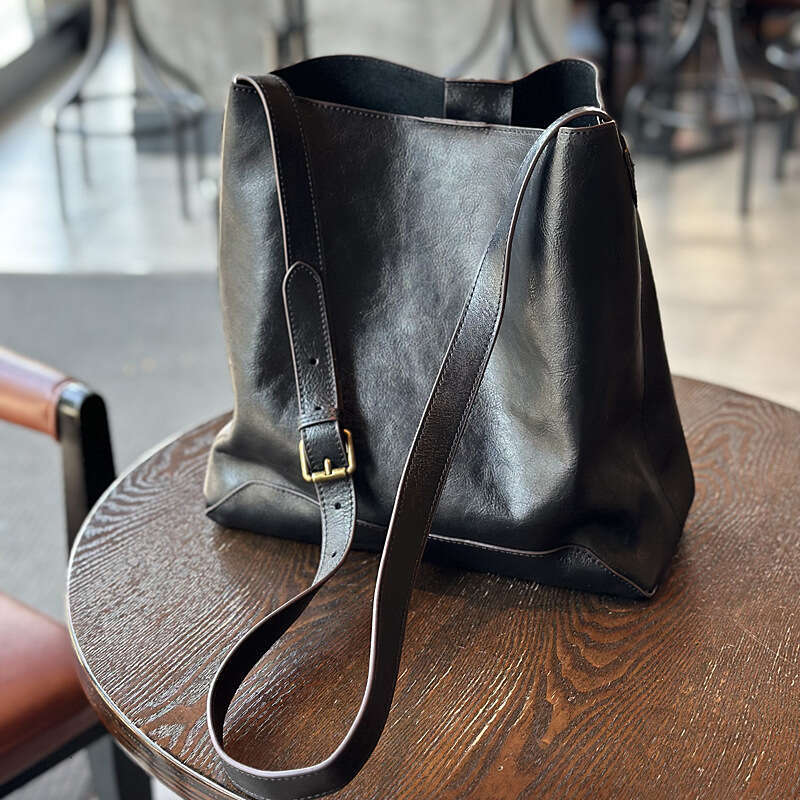 Korean Style Bucket Genuine Leather Women's Vegetable Tanned Tote Large Capacity Cowhide Shopping Single Shoulder Crossbody Bag