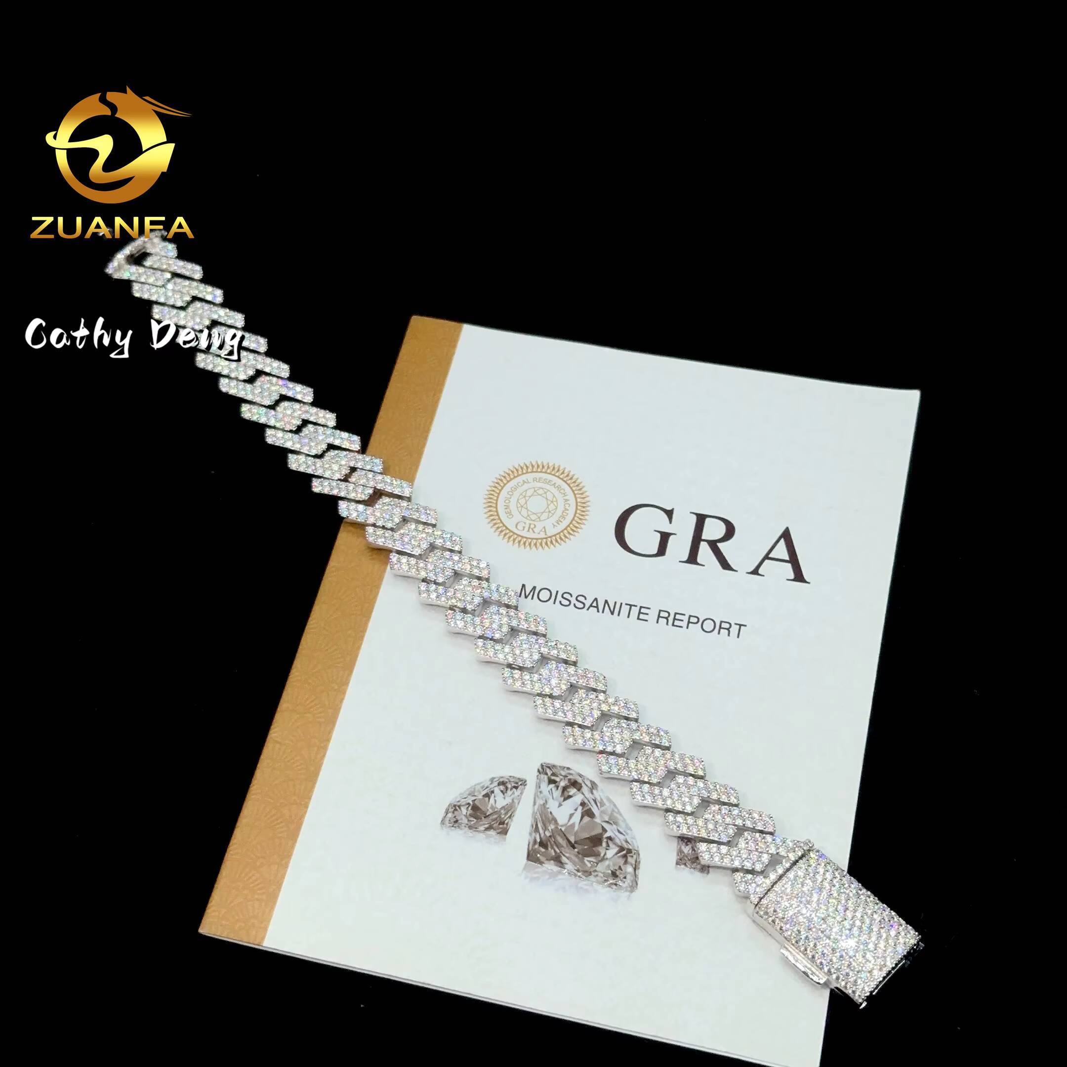 Wholesale 2 Row 15mm Round Cut Moissanite Cuban Chain Bling 925 Sterling Silver Iced Out Miami Cuban Link Chain Bracelet