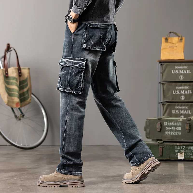 Autumn and winter new styles Mens Outdoor Wide Leg Workwear MultiPocket Jeans Straight fit plus size mens jeans 42 44 W250905