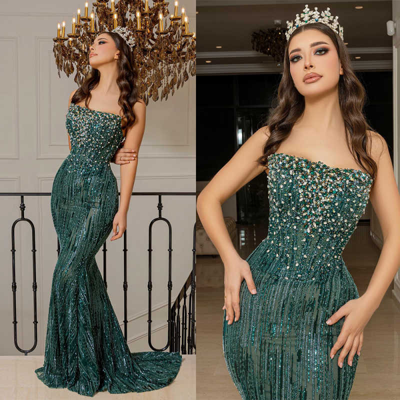 Charming Mermaid Evening Dress Cryatsl Sequins Strapless Prom Gowns Sexy Beaded Sleeveless Floor Length Party Dresses Customized