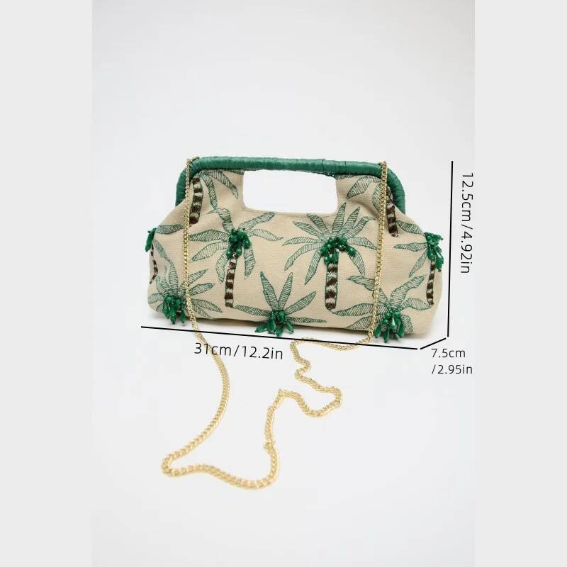 BEADED DETAIL CLUTCH, Envelope Clutchs Tree Embroidered, Designer Handbags with Removable Chain Crossbody Strap