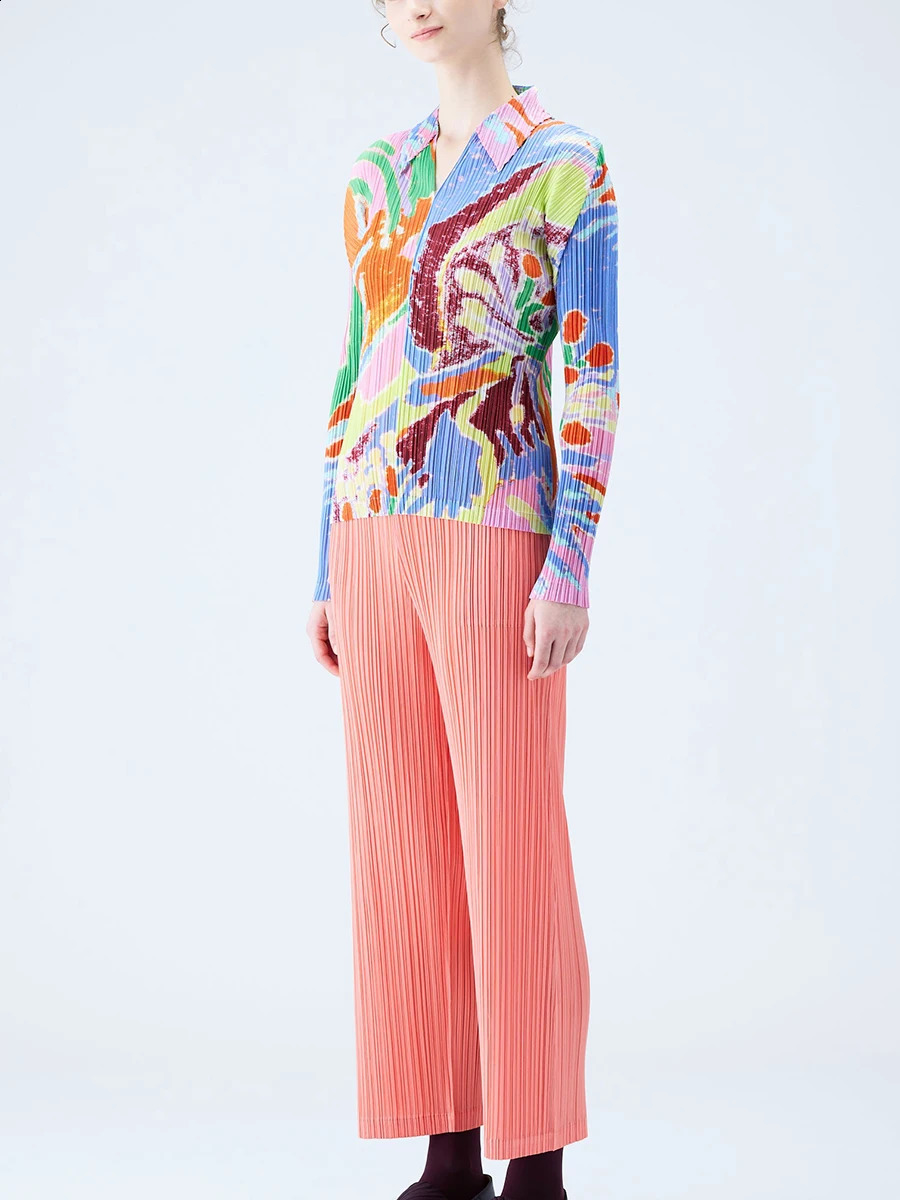 Miyake Pleated Printed Long Sleeve Polo Shirt 250905