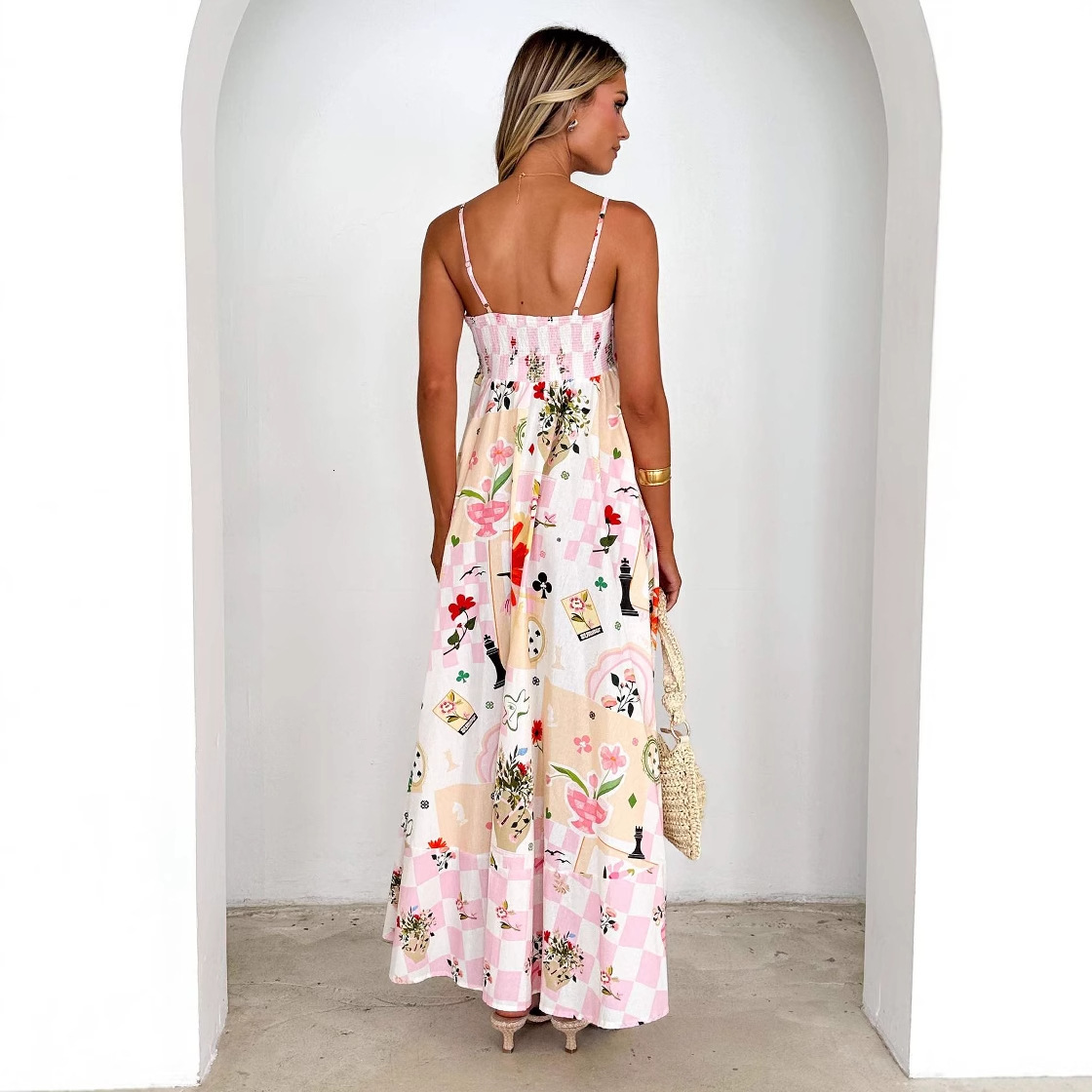2025 Womens Summer Fashion Printed Backless Strap Sexy Flared High Waist Dress