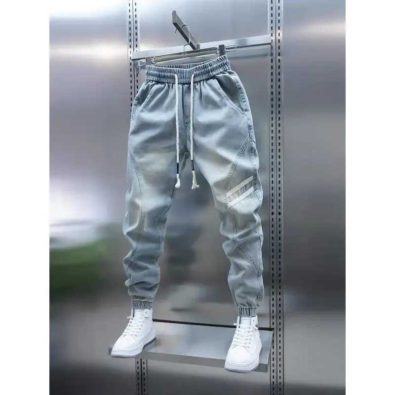 Harajuku Fashion Luxury Brand Washed Mens Spring and Autumn New Jeans Drawstring Blue Splicing Casual Pants Teen Harem Pants W250905