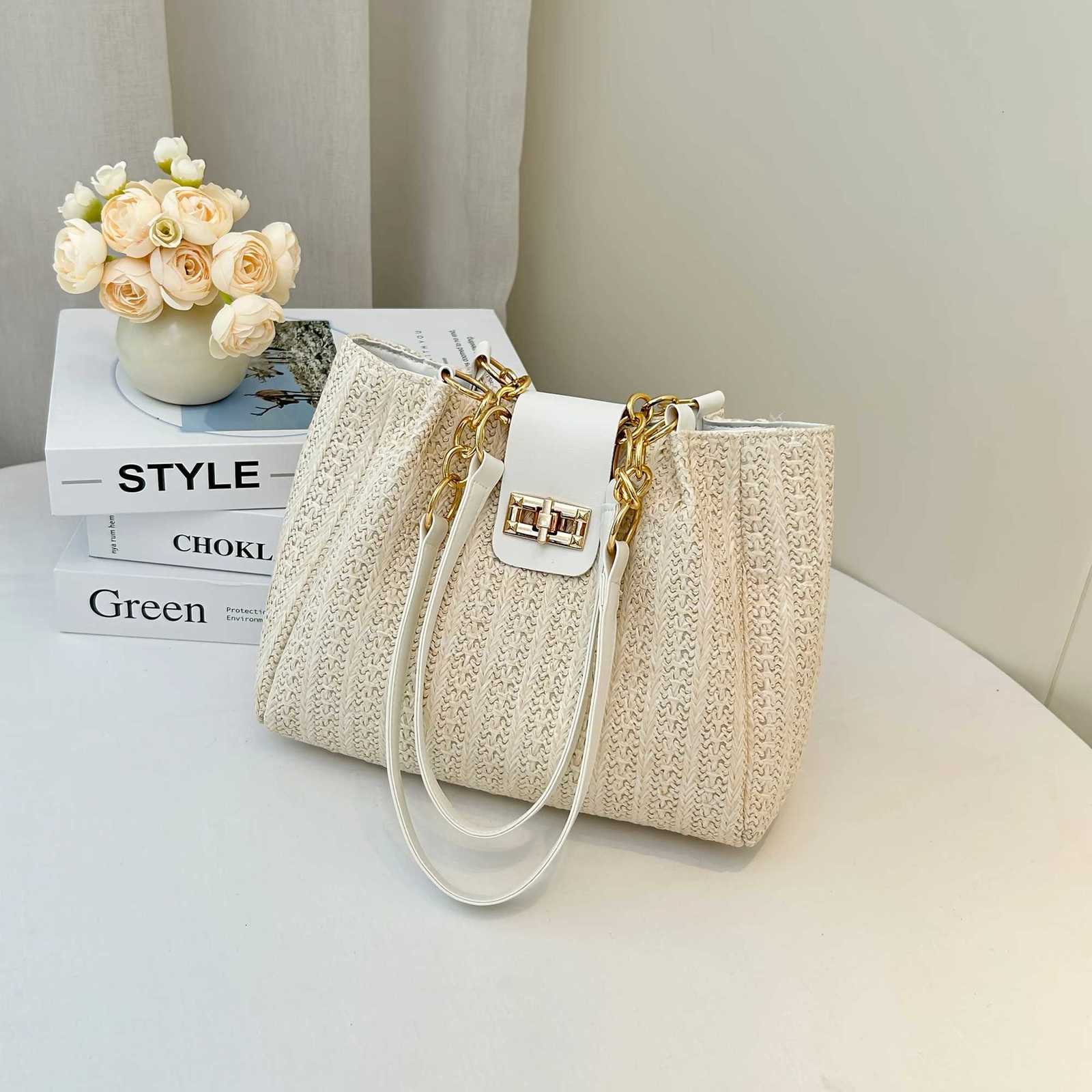 Elegant Womens Woven Fabric Shoulder Bag with Adjustable Chain Strap Front Flap Button Closure Professional Use Woven Handbag Z250903