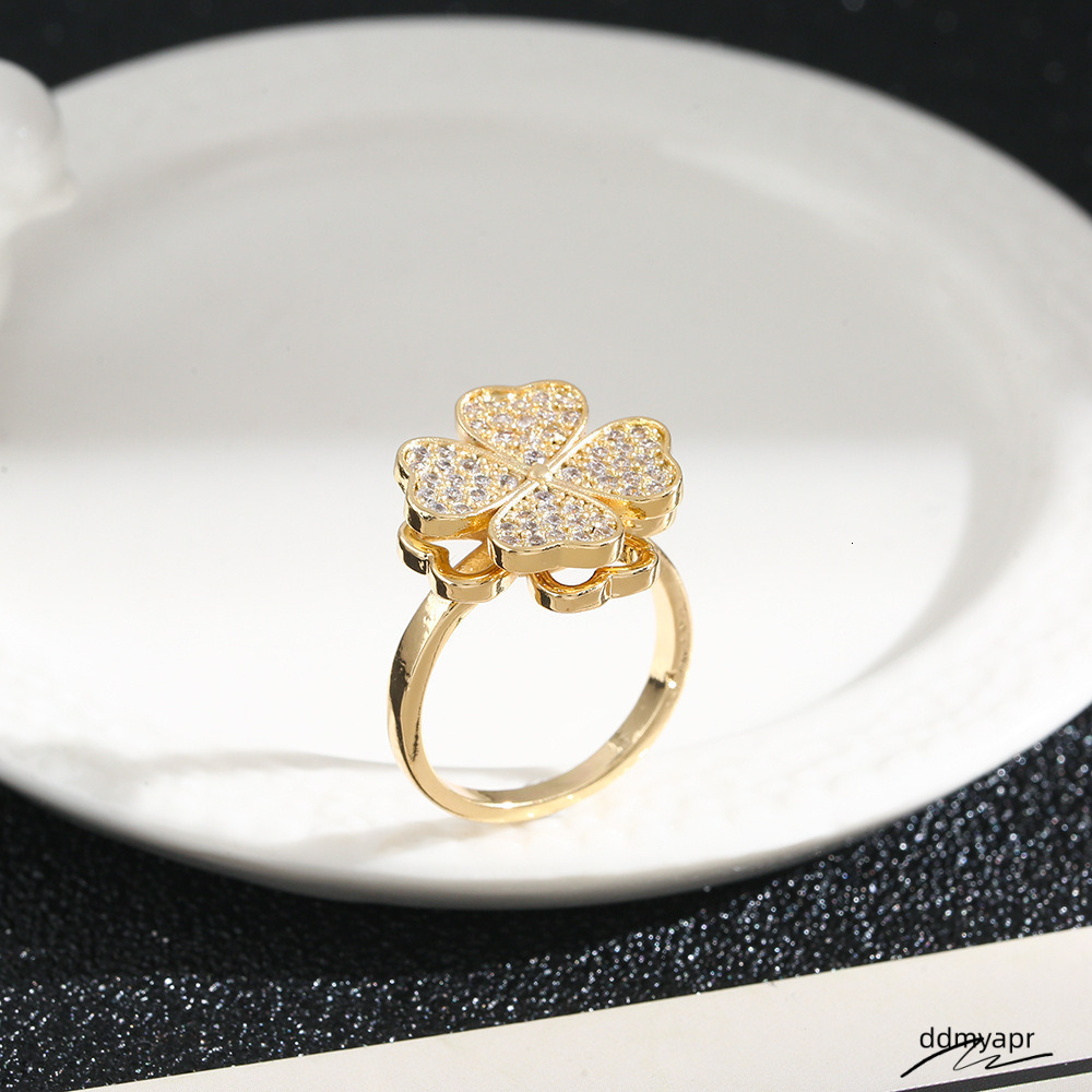 Sier-Plated Cubic ddmyday Zirconia Clover Ring With Rotating Feature - Elegant Stackable Accessory ddmyday ddmyday