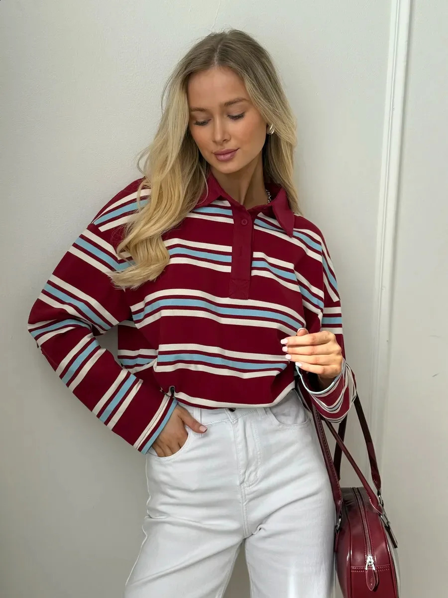 Blubelle Spring Summer Womens Retro Striped Polo Collar Oversized Long Sleeve T Shirt Trendy Casual Loose Basic Top 250905
