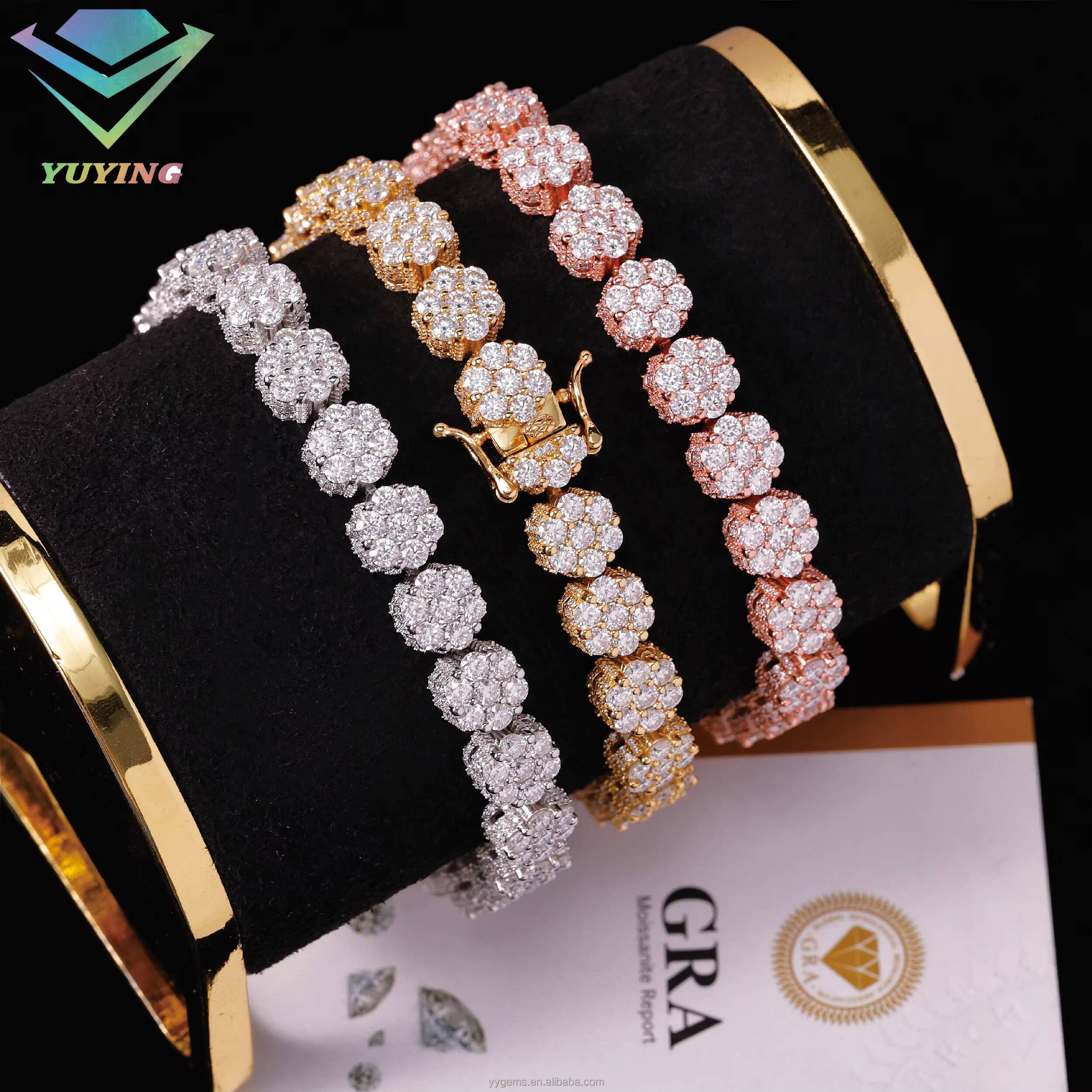 Fine Jewelry 8mm Flower Style Bracelet S925 Solid Silver VVS Moissanite Iced Diamond Flower Cuban Bracelet for Men Women