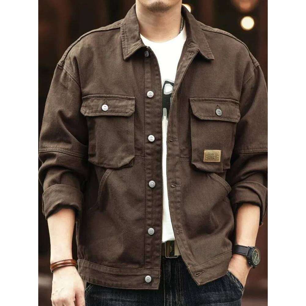 2024 Spring and Autumn New Fashion Solid Color Retro Cargo Jacket Men's Casual Loose Comfortable Large Size Cotton Denim Coat