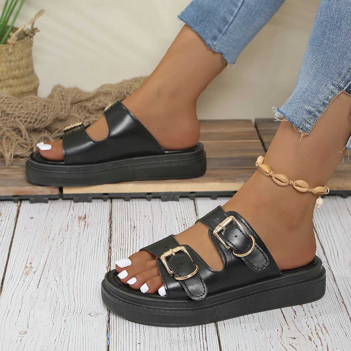 Casual Sandals Women Leather Metal Ankle Buckle Strap Summer Beach Ladies Low Heel Sport Shoes Handmade W250905