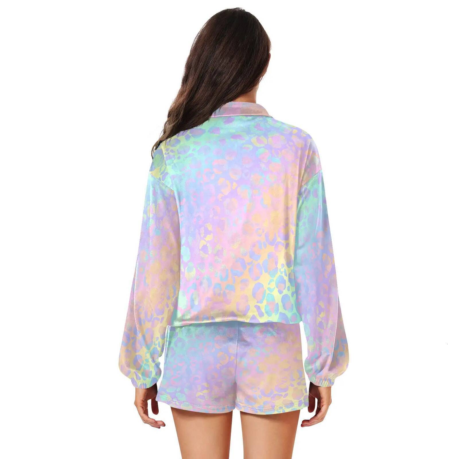 Sexy Sporty Sweatsuits Ladies Two-piece Leopard Print Zippered Cropped Hoodie and Shorts Suit Sportswear For Women