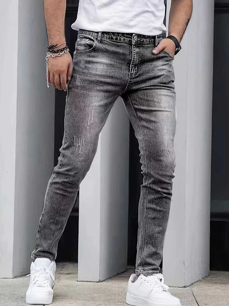 2025 Mens Slim FourSeason Washed Fashion Jeans Stretch Slim Fit Light Blue Gray Black Casual Denim Pants W250905