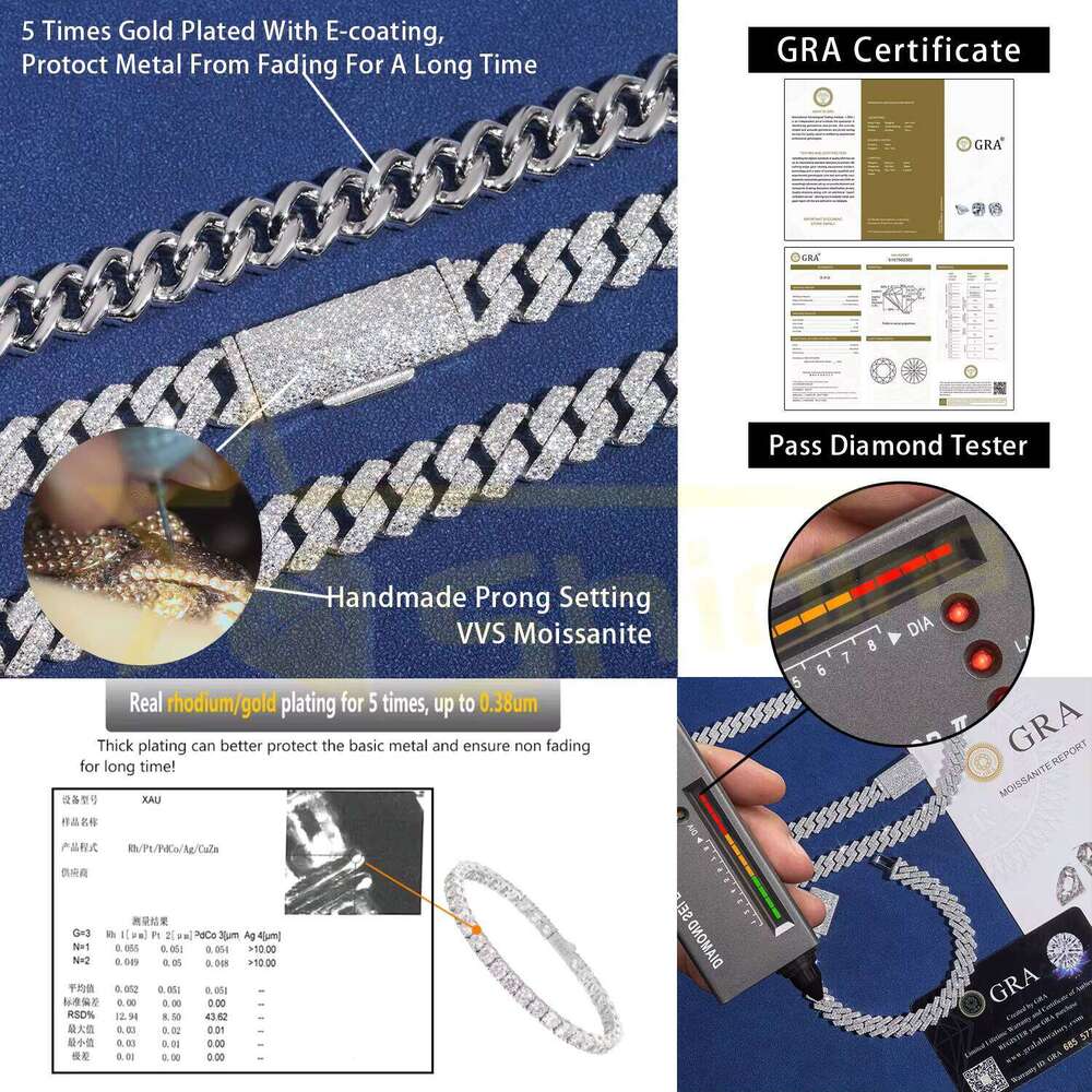 RTS Pass Tester Sier 6mm 8mm 10mm Two Rows Iced Out Hip-Hop VVS Moissanite Cuban Chain