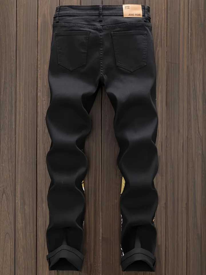 Mens patchwork color matching multitie microelastic black denim small straight jeans W250905