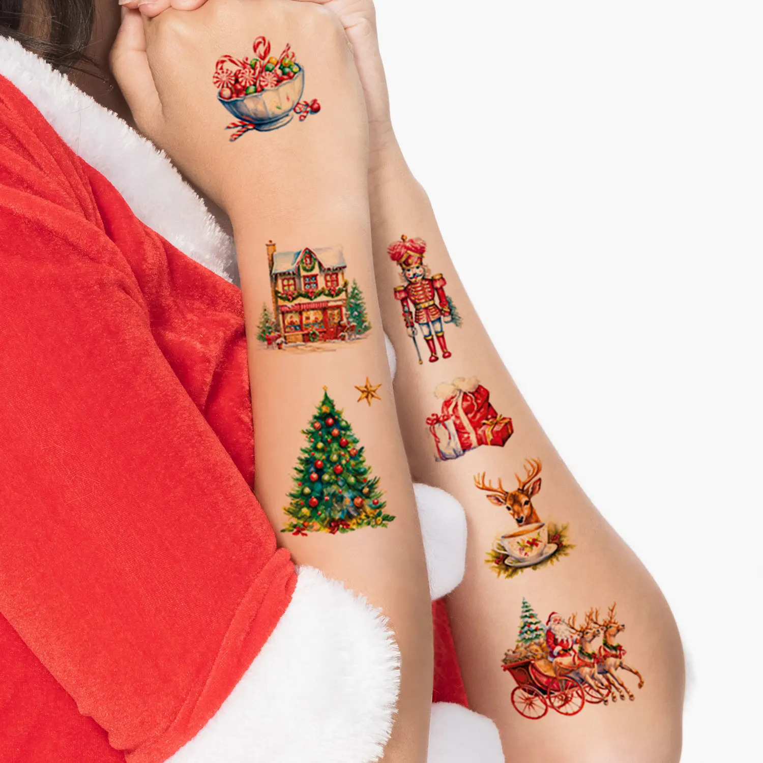 10 RetroStyle Christmas Series Pattern Temporary Tattoo Stickers 92 Cartoon Santas Snowmen Stockings Decoration Patterns Waterpr 250825