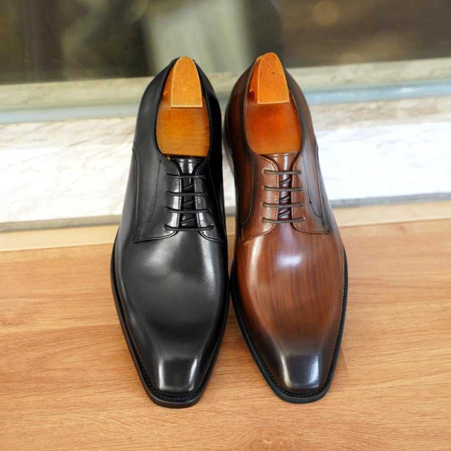 HPIOPL quality 5504 imitation wood grain Fashion vintage square toe leather shoes new mens leather shoes