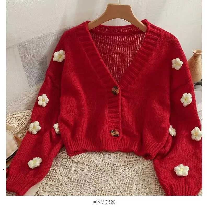 New Autumn Colourful Applique Flower Cardigan for Women Cute Long Vneck Knit Crop Sweater Girl Soft Knitwear Z250905
