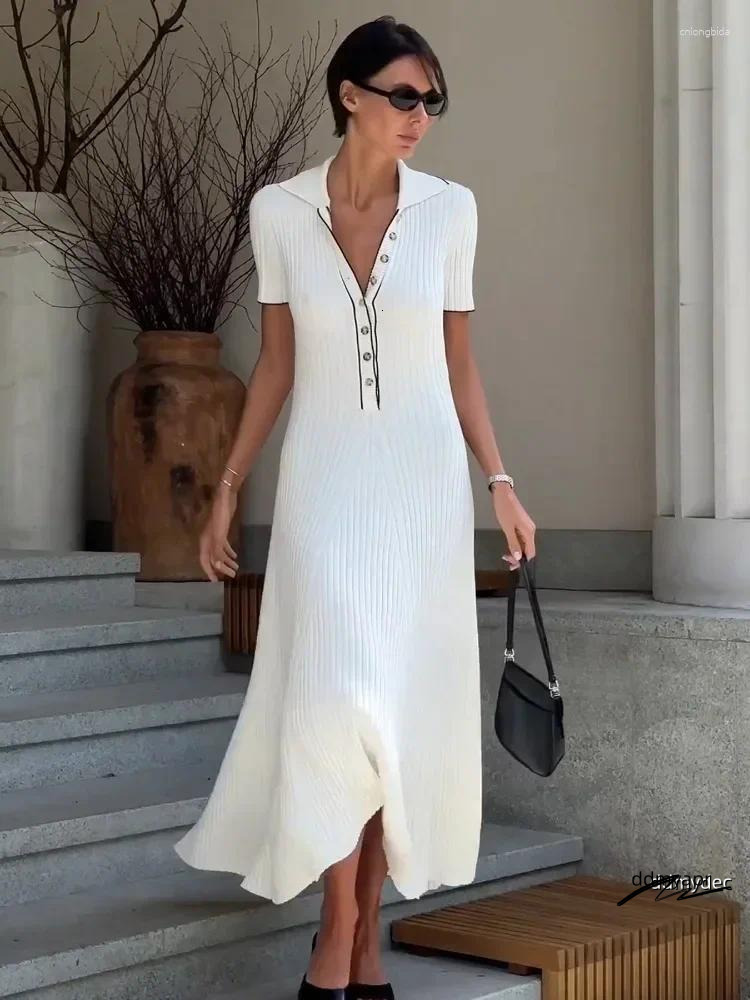 Casual Dresses White Knit Maxi Dress For Women Short Sleeve Patchwork Elegant Party Lapel High Waist Knitwear Women's Ddmydec Ddmydec Ddmydec