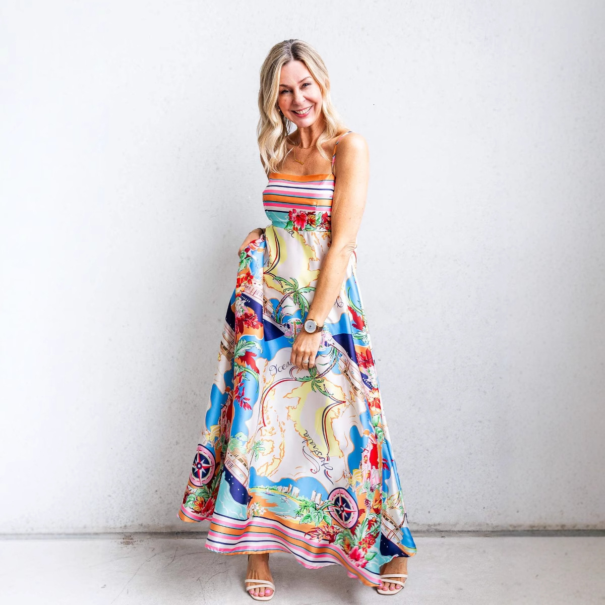 25 Summer Style New Sexy Womens High Waist Printed Vacation Style Flared Strap Dress