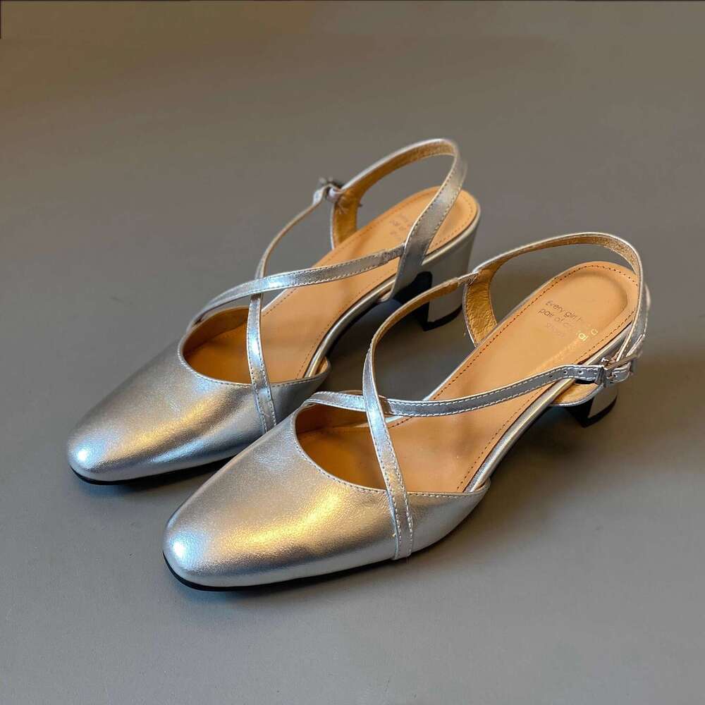 Off-White Cross Strap Backless Sandals for Women Summer Chunky Heel Closed-Toe Mid-Heel Commuter Roman Shoes