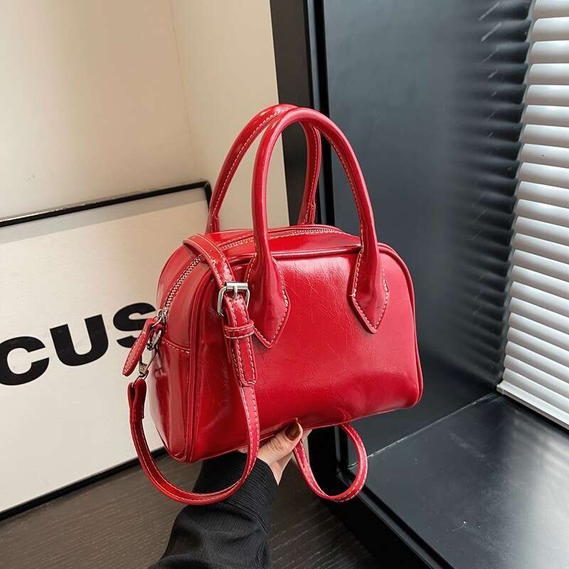 2024 New Han Chao Instagram Small Fashion Handbag Minimalist Boston Lychee Pattern Cowhide Single Shoulder Crossbody Bag