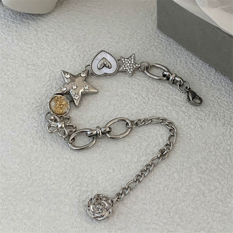 Exquisite Dia-Studded Star Heart Heavy Craft Punk Style Niche Light High-End Fashion Commuter Bracelet