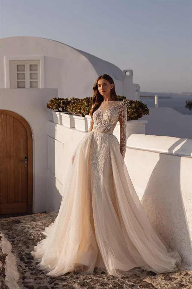 Glitter Detachable Train Embroidery Lace Wedding Dress Boat Neck Long Sleeve Bridal Gown Customized Beaded Dresses For Bride