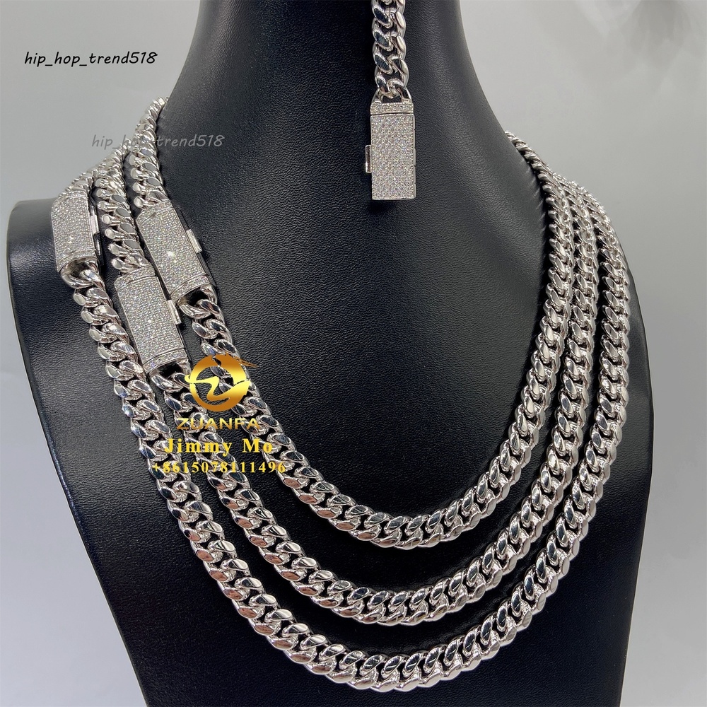Ready to Ship 8mm 10mm 12mm 14mm 18mm Iced Out Hip Hop Moissanite Diamond 316L Stainless Steel Gold Plated Cuban Link Chain