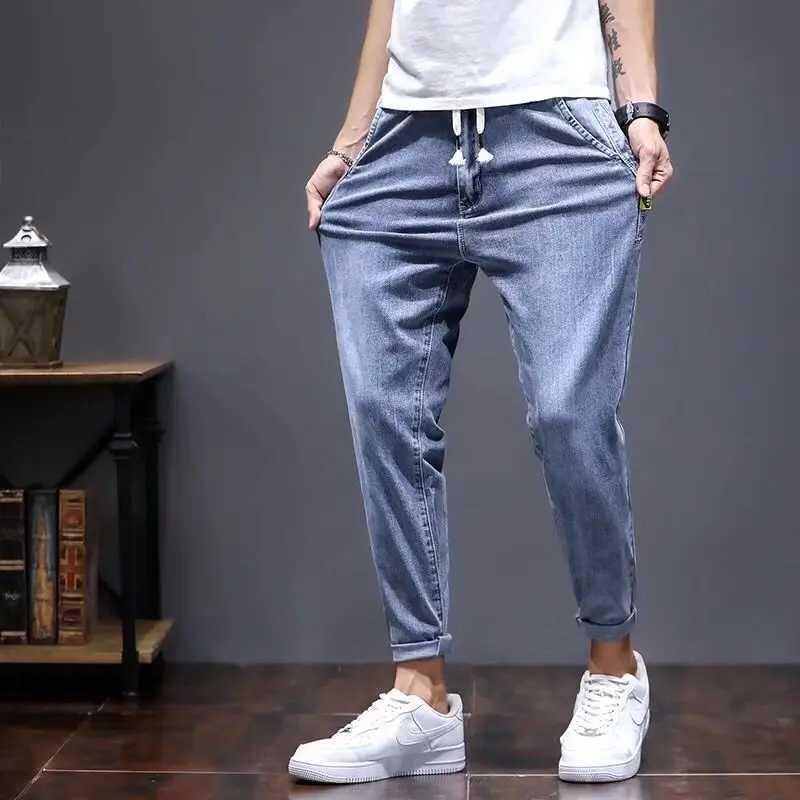 Elastic Lace Up Denim Jeans Mens Trend Versatile Pants 2022 Students Teenagers Mens Japanese Harem Leg 2022 Mens Cargo Pants W250905