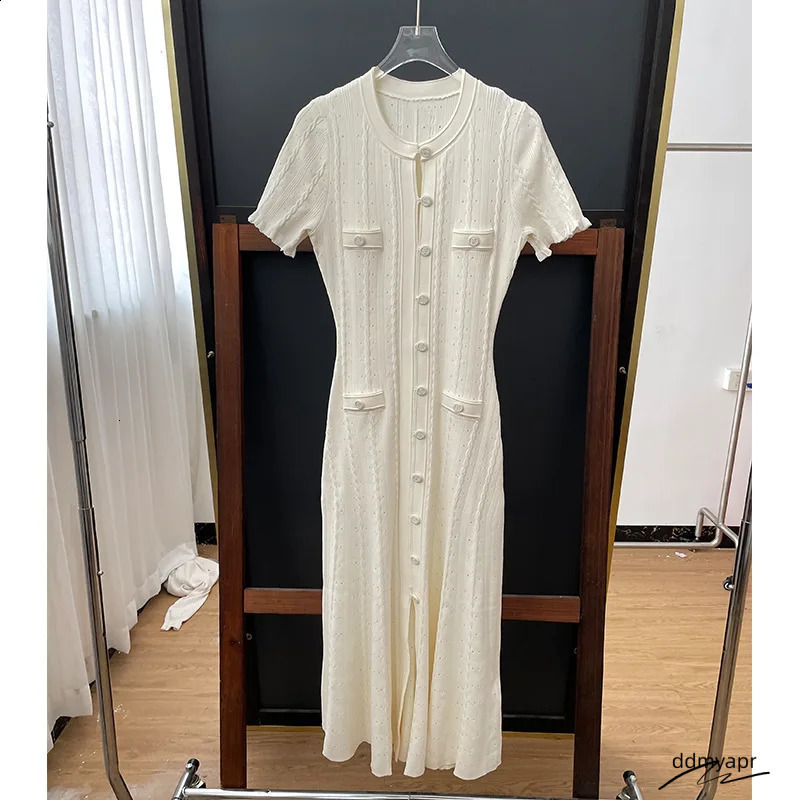 French Fashion Runway Knitt Single Breasted Mermaid Midi Dress Elegant Lady Ruffled Sleeve Hollow Out Slim Sweater Ddmydec 250305 Ddmydec Ddmydec Ddmy