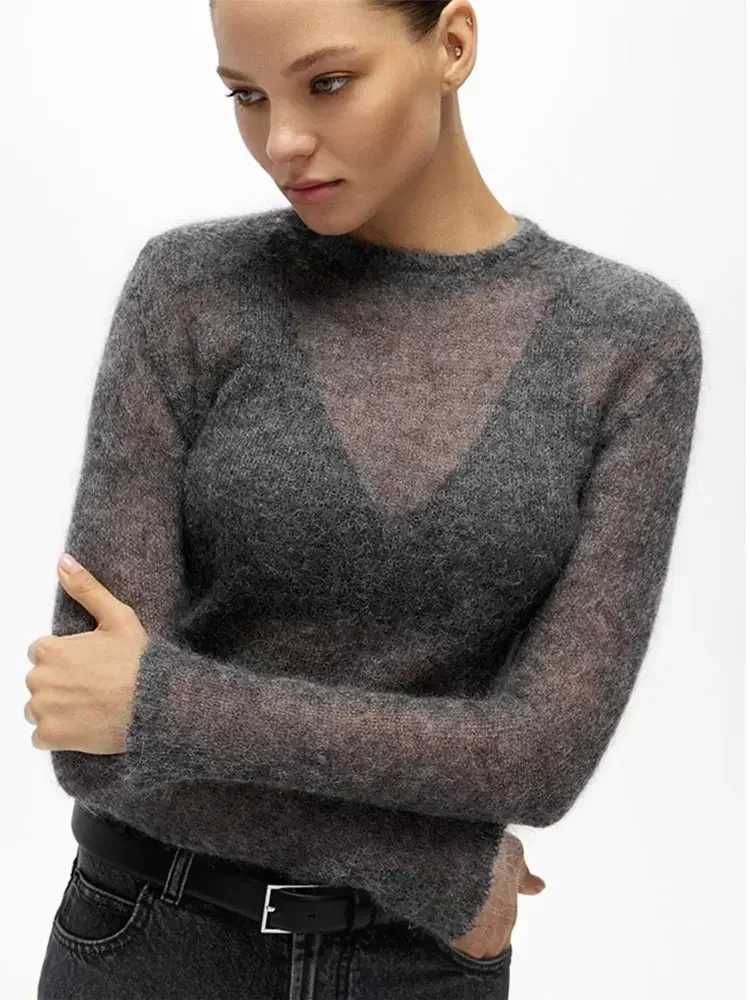 Fashion Solid Round Neck Thin Knitted Sweater Elegant Long Sleeve Bodycon Pullover 2024 New Autumn Lady Commuting Street Outwear Z250905