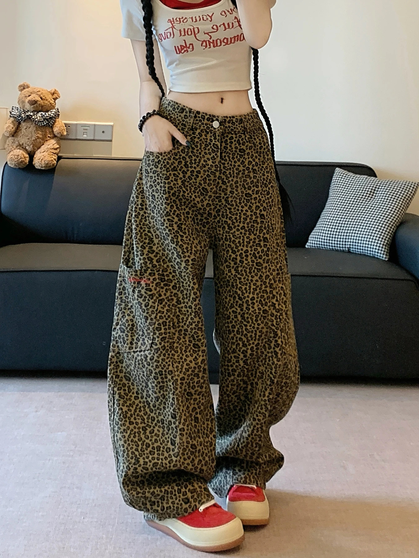 Botvot Baggy Leopard Print Jeans for Women Retro American High Waisted Y2k Denim Pants Hip Hop Straight Wide Leg Cargo Z260313