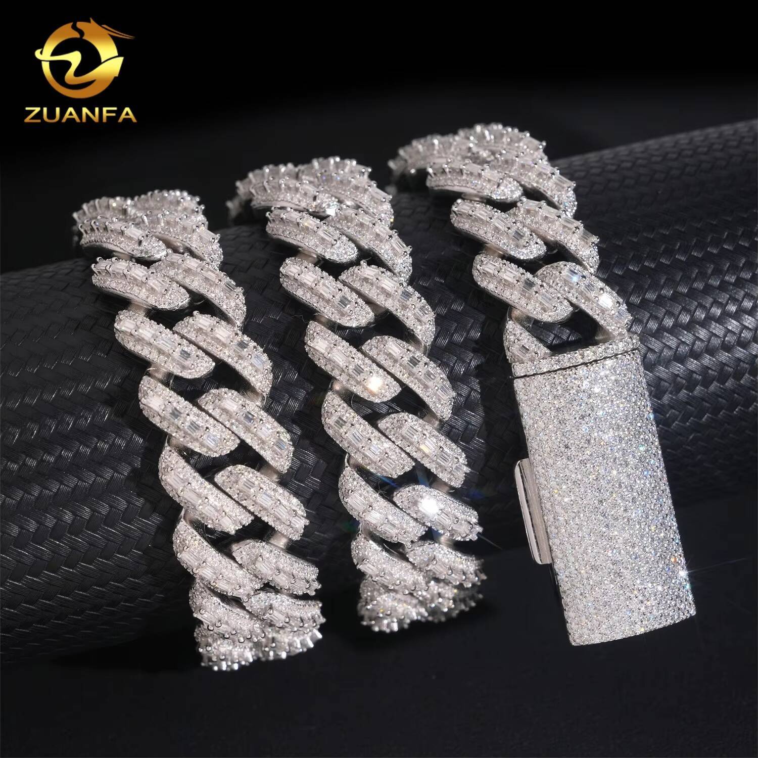 Hip Hop Jewelry 18mm Width Solid Heavy Baguette Diamond Iced Out 925 Sterling Silver Cuban Link Chain