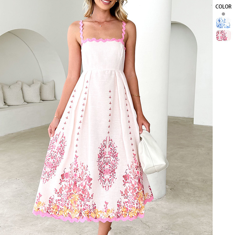 2025 Womens Summer Fashion Printed Wave Hem Sleeveless Backless Tie Strap Dress