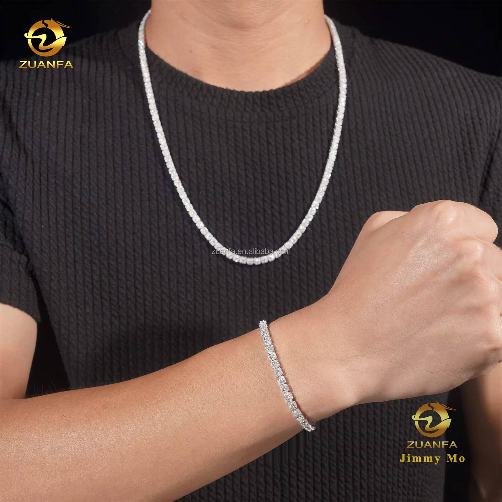 New Design Elegant Claw Setting 4mm 925 Solid Silver Hip Hop Jewelry D VVS Moissanite Diamond Cluster Tennis ChainBracelet Set