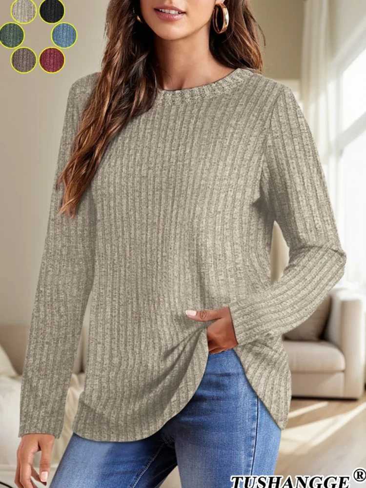 2024 Autumn Women Round Neck Long Sleeved Pit Stripe Pullovers Solid Color Lightweight Ladies Sweaters Comfortable Woman Clothes Z250905