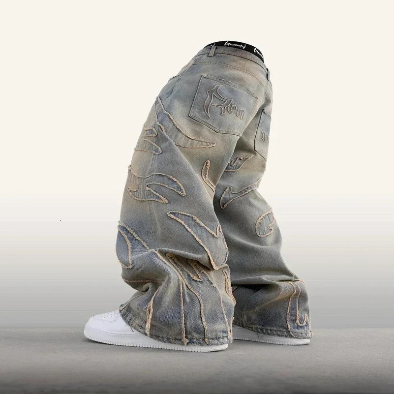 American Fashion Patch Baggy Casual Jeans For Men And Women Y2K High Street Harajuku Waist Wide Leg Denim Trousers Z260313