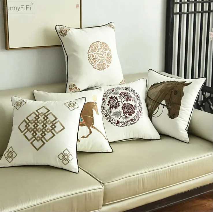 Luxurious China Art Horse Embroidery Cushion Cover Home Decoration Cotton Canvas Geometric Pillow Cover 45x45cm Sofa PillowCase D2509051
