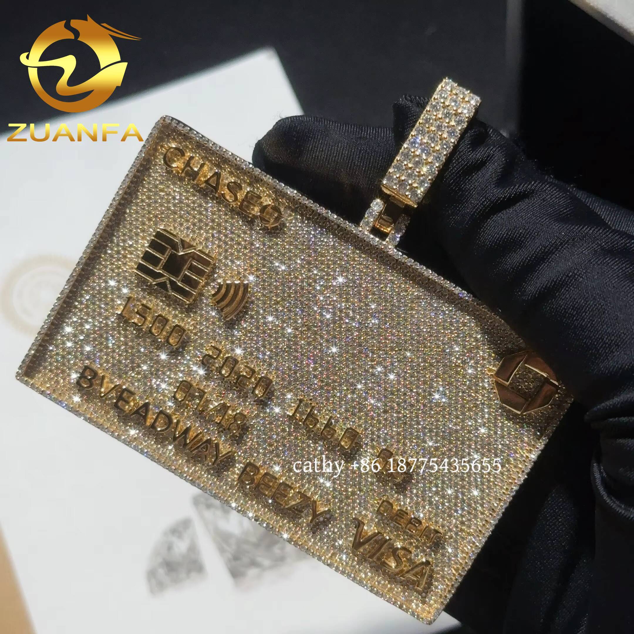 3inch Solid Credit Card Fully Iced Out Moissanite Diamond Pendant 925 Silver Big Bank Card Hip Hop Pendant for Chain