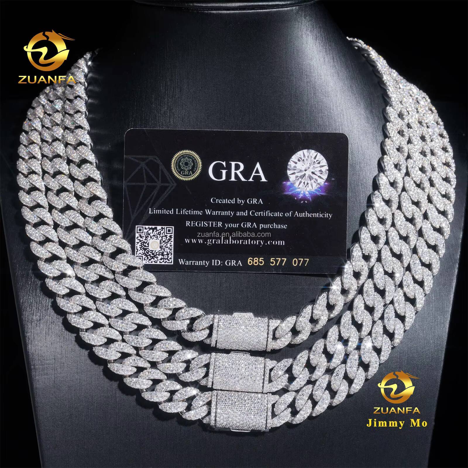 Hot Selling Bulk Stock Box Clasp 925 Solid Silver 12mm Two Rows Iced Out Hip Hop VVS1 Moissanite Diamond Miami Cuban Link Chain