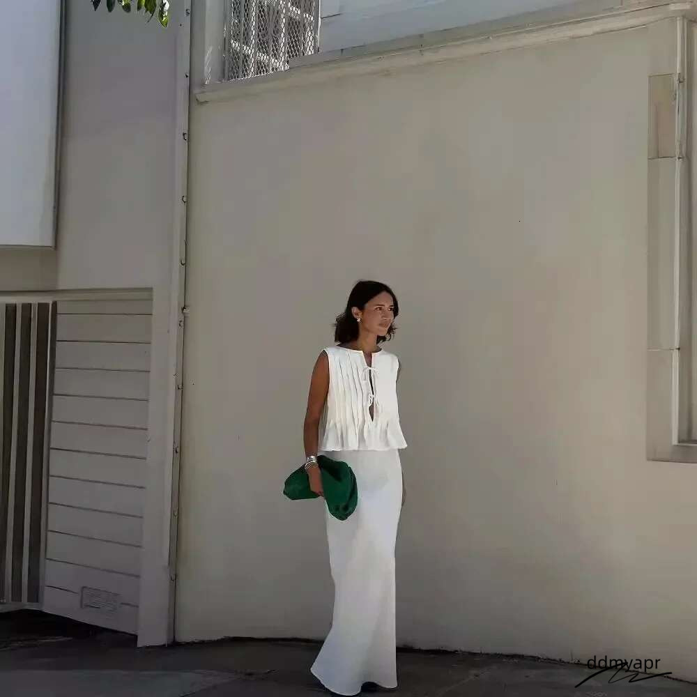 Linen Attire: Women's Long White Summer Dress Set ddmyday - Sleeveless Cotton Top & Elegant Skirt For Holiday Or Beach ddmyday ddmyday ddmyday