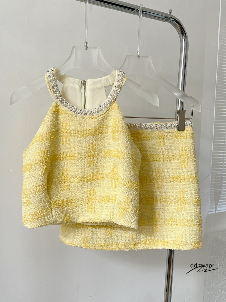 Two Piece Dress Korea Small Fragrance Summer Tweed 2 Outfits Suit Sexy Short Cropped Tops A Line High Waist Ddmydec Mini Skirt Mujer Set 230707