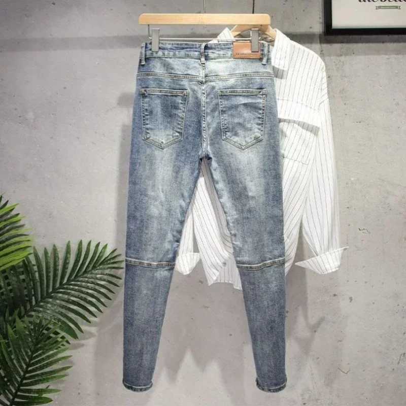 Man Cowboy Pants Cropped Light Blue Ripped Trousers with Holes Mens Jeans Torn Broken Original Winter Y 2k Vintage Oversize Y2k W250905