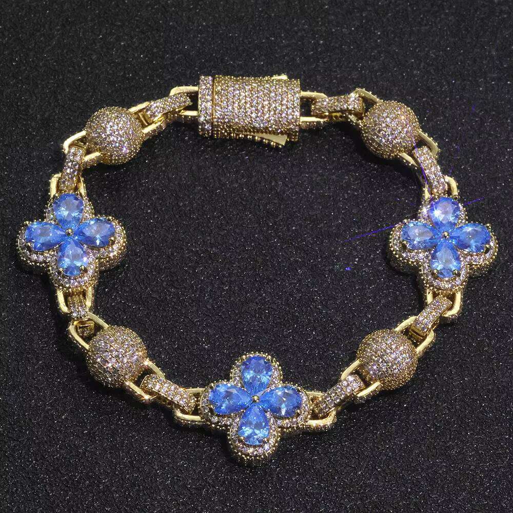 NUOYA Iced Out Four Leaf Clover Spherical Cuban Link Chain Bracelet Gold Sier Plated Dia Zircon Hip Hop Jewelry